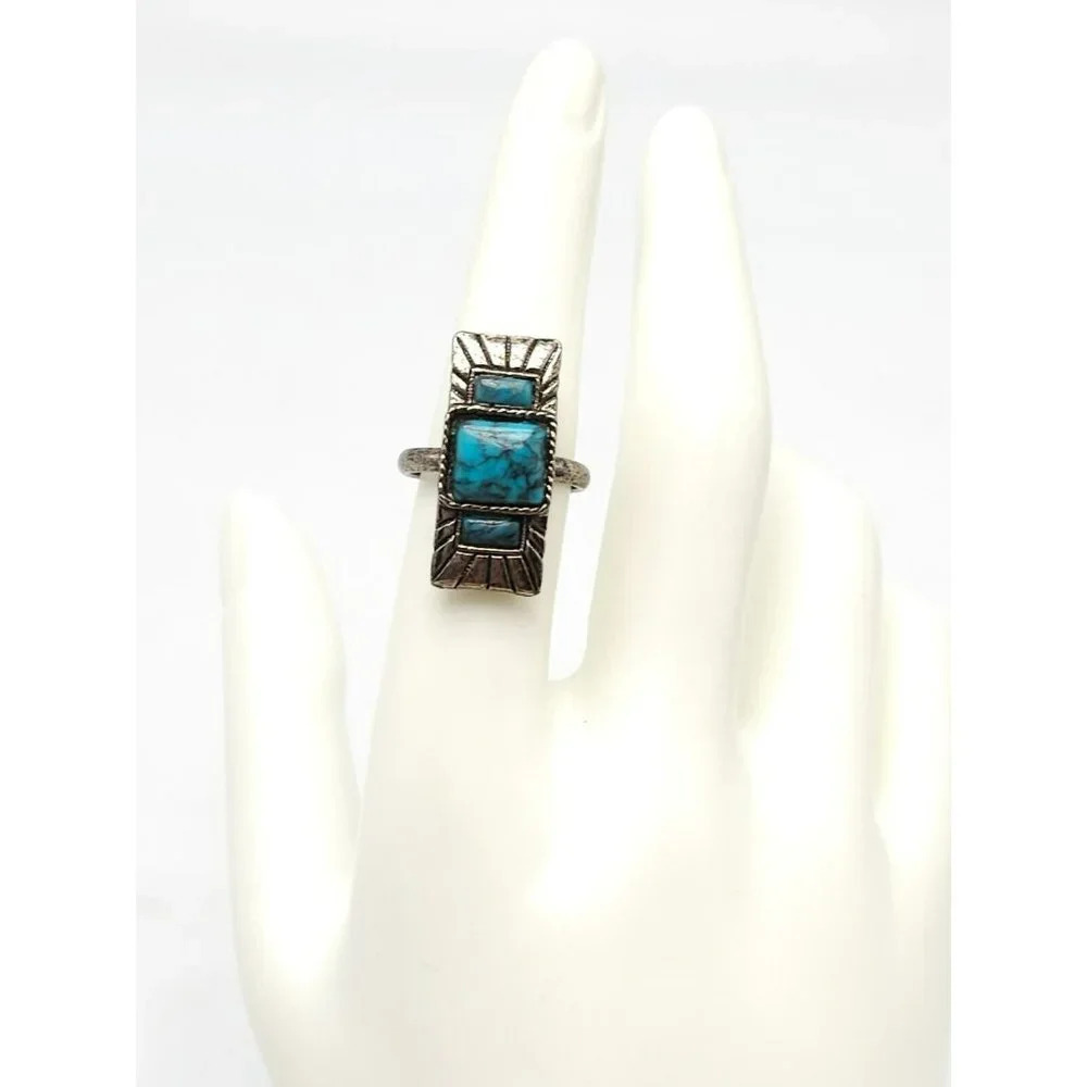 Faux Blue Turquoise Southwest Silver Tone Vintage 1970s Rectangle Ring Size 7